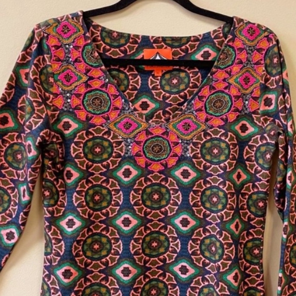Anthropologie | Pia Pauro Beaded Tile Print Cotton Knit Top, Sz M*♥ NWOT